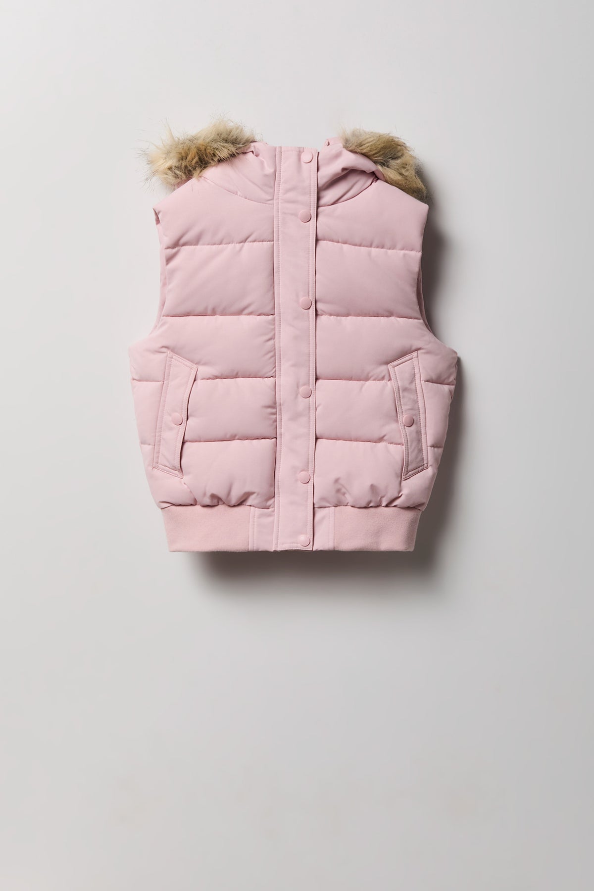Girls Faux Fur Trim Hooded Puffer Vest - Pink