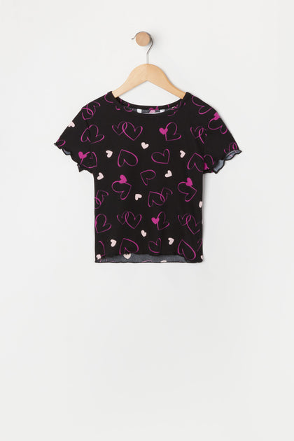 Girls Lettuce Trim Heart Print T-Shirt