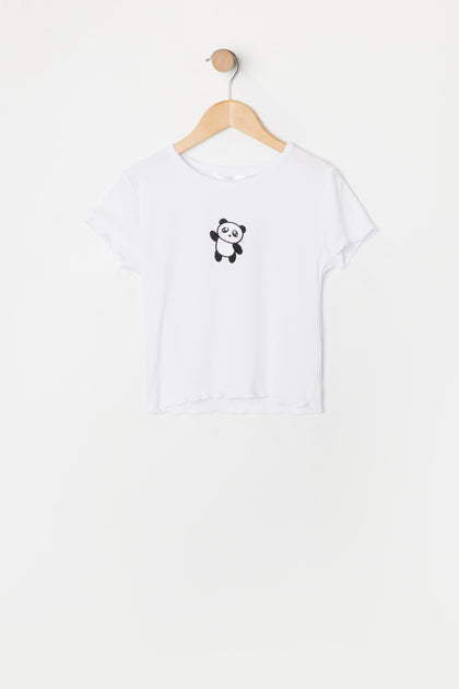 Girls Lettuce Trim Panda Embroidered T-Shirt