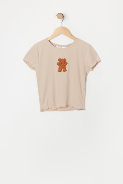 T-shirt avec motif brodé Ourson et ourlet volanté pour fille