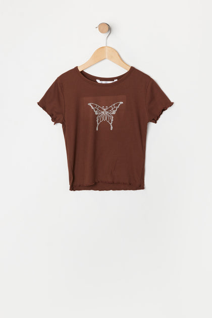 Girls Lettuce Trim Rhinestone Butterfly T-Shirt