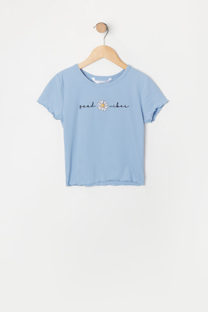 T-shirt avec motif brodé Good Vibes et ourlet volanté pour fille