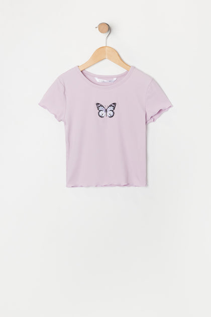 T-shirt avec motif brodé Papillon et ourlet volanté pour fille