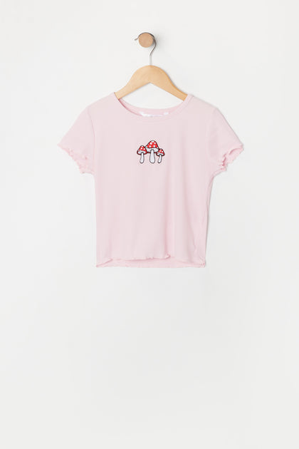 Girls Lettuce Trim Mushroom Embroidered T-Shirt