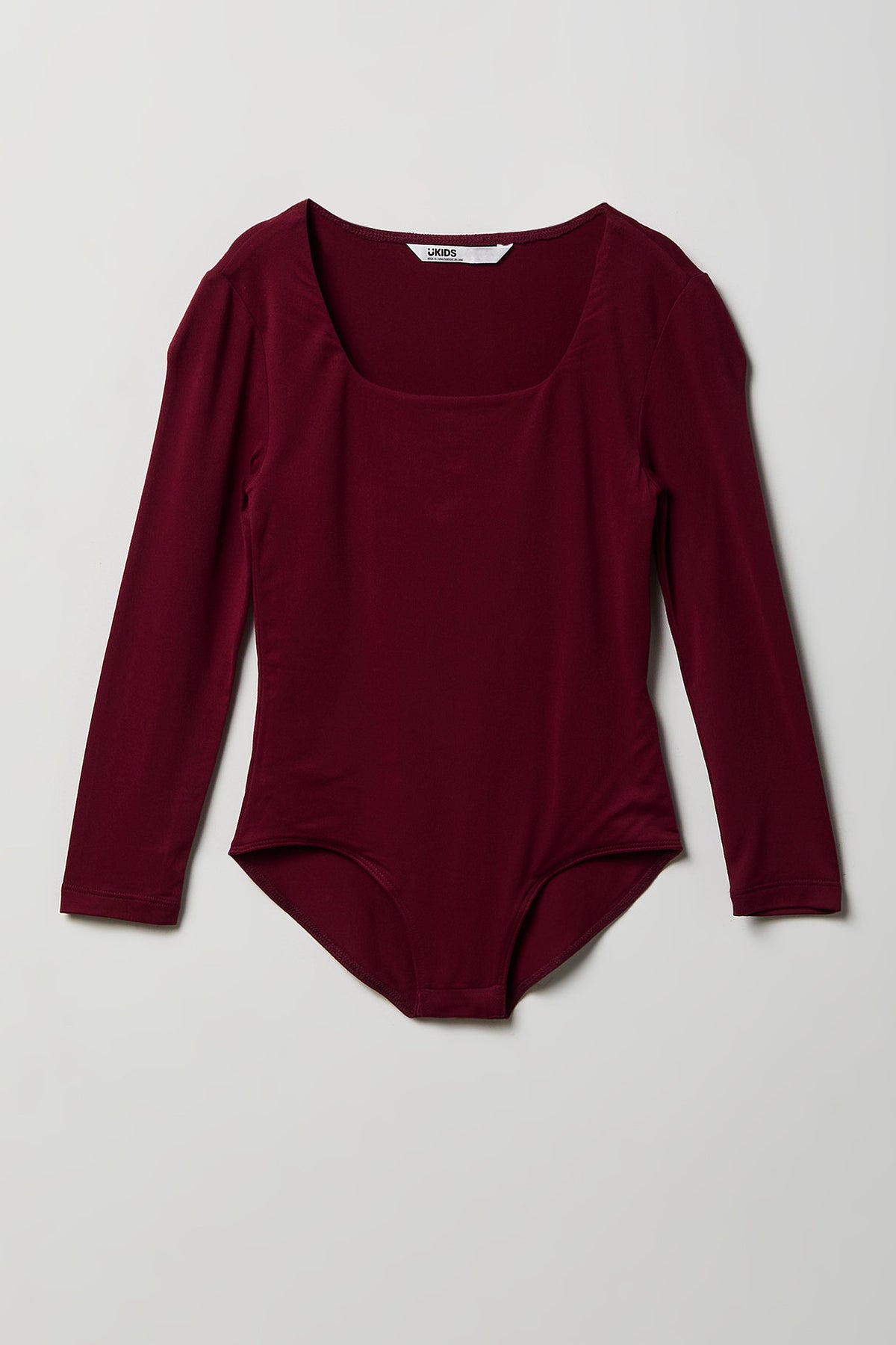 Girls Contour Square Neck Long Sleeve Bodysuit. - Burgundy
