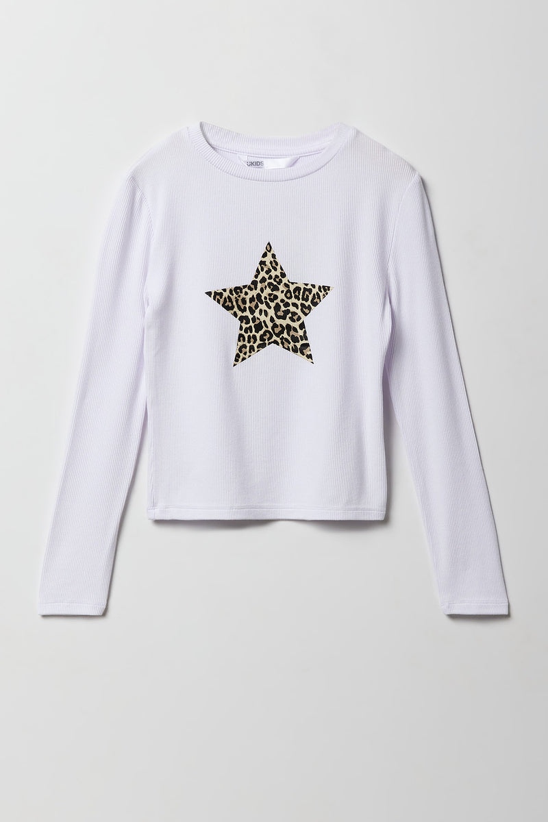 Girls Ribbed Cheetah Star Graphic Long Sleeve Top