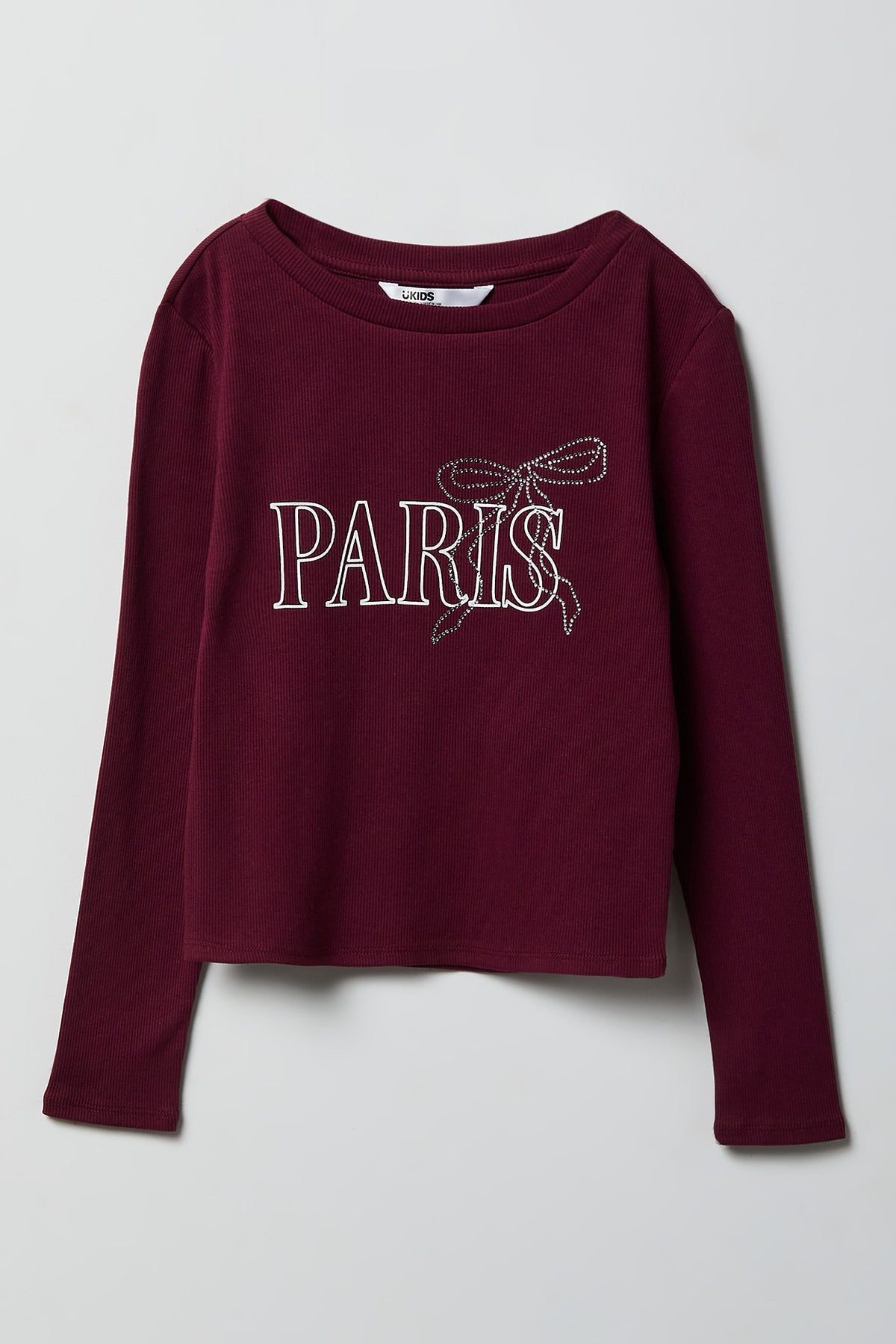 Girls Ribbed Rhinestone Long Sleeve Top - Burgundy