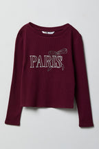 Girls Ribbed Rhinestone Long Sleeve Top