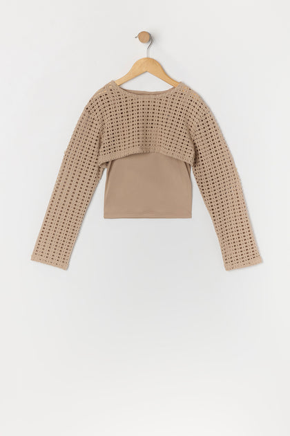 Veste courte et camisole en tricot ajouré pour fille