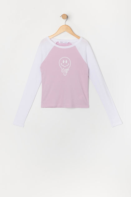 Haut raglan à manches longues avec imprimé Melting Smiley pour fille