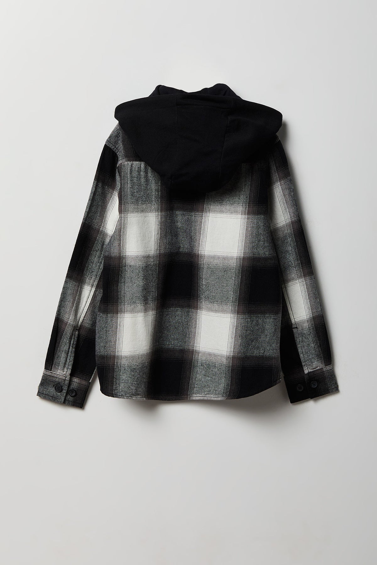 Alt View 2. Boys Plaid Flannel Hooded Button-Up Top - Black