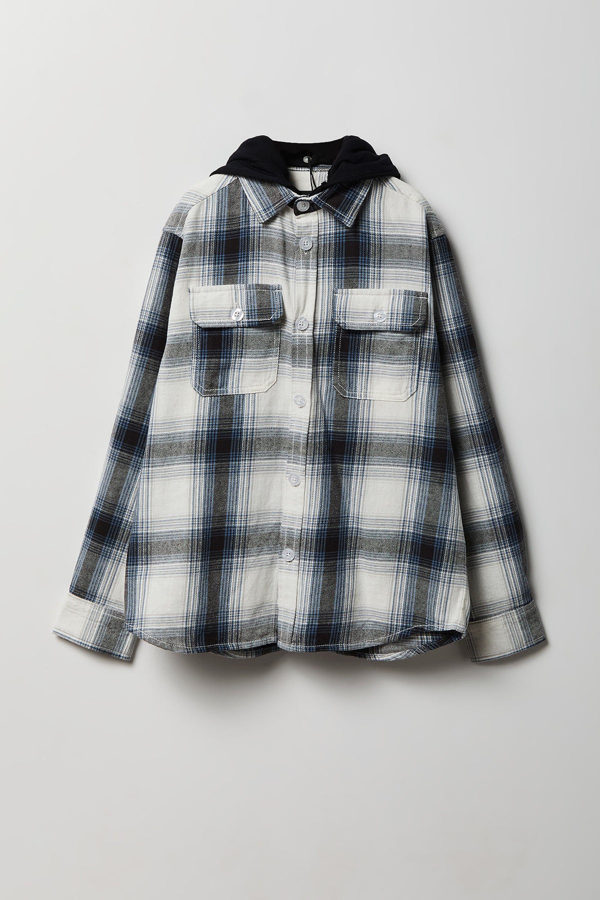 Boys Plaid Flannel Hooded Button-Up Top - Blue