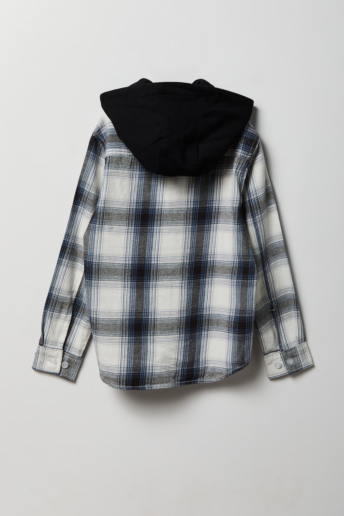 Alt View 2. Boys Plaid Flannel Hooded Button-Up Top - Blue