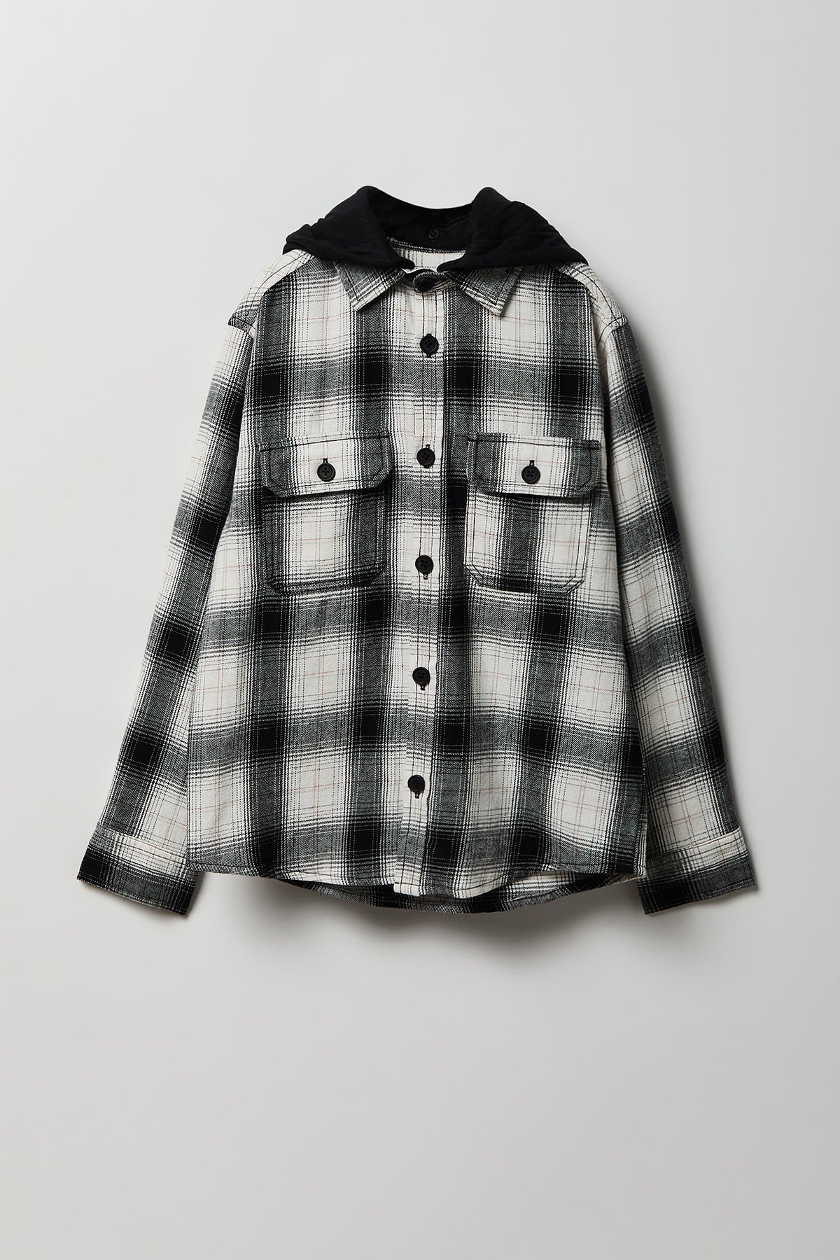 Boys Plaid Flannel Hooded Button-Up Top - Black