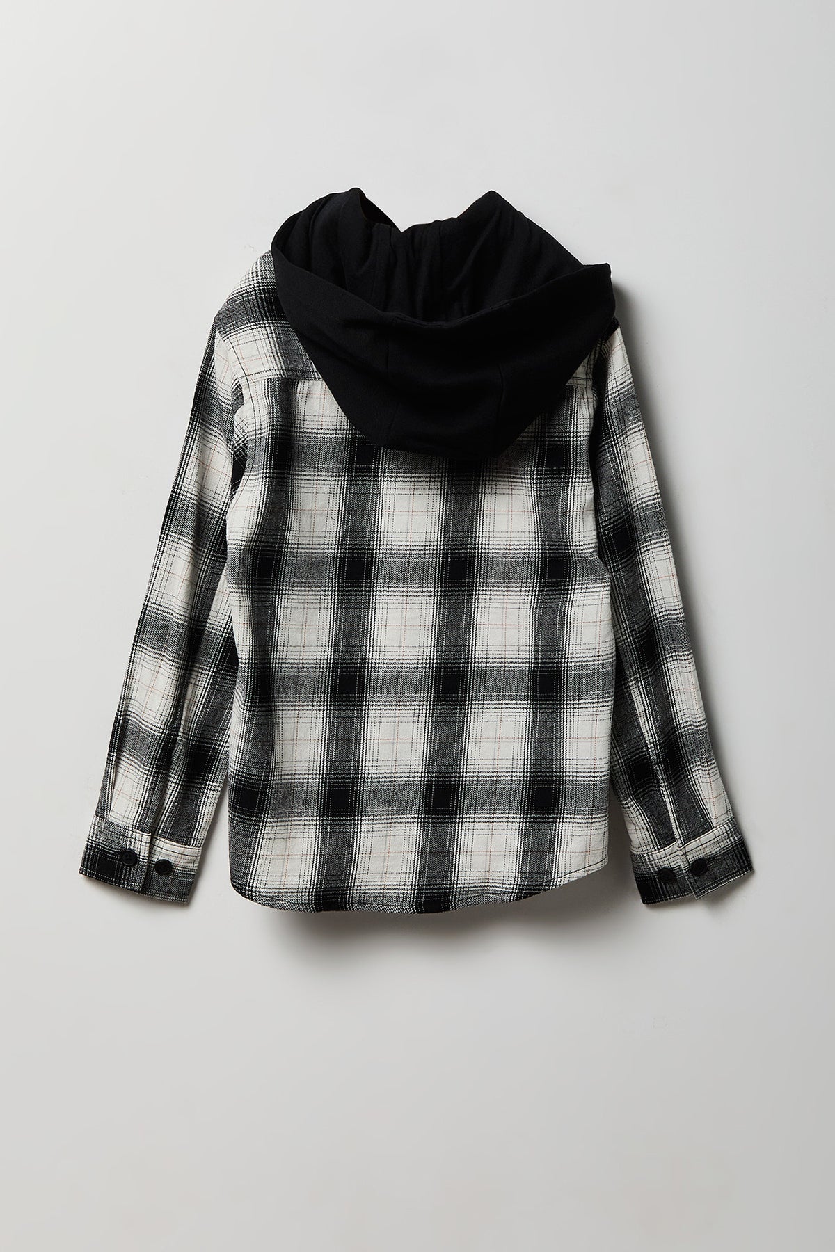 Alt View 2. Boys Plaid Flannel Hooded Button-Up Top - Black