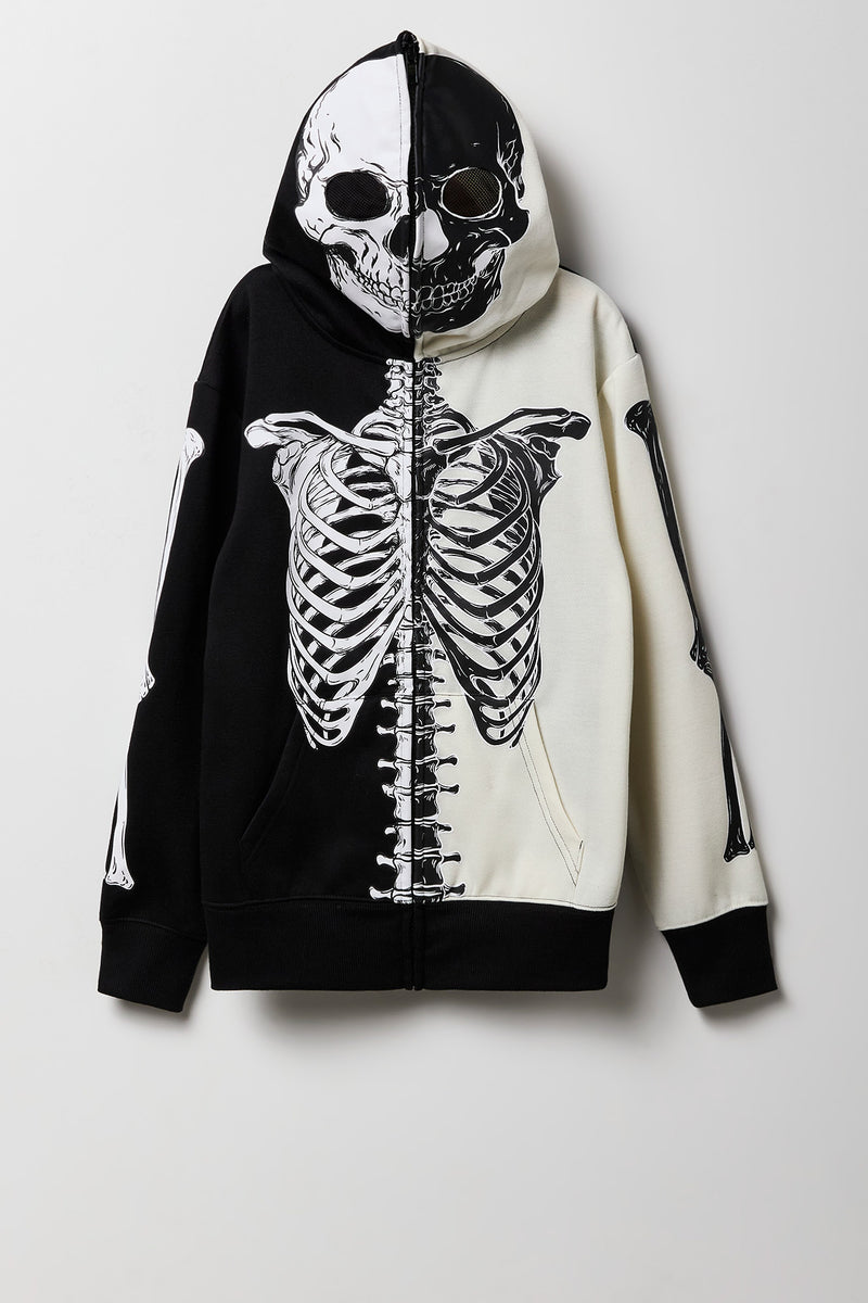 Haut à capuchon avec blocs de couleurs, imprimé Skeleton et fermeture à glissière pour enfant