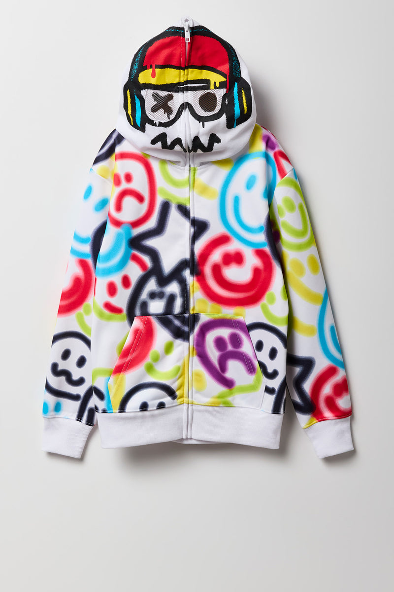 Haut à capuchon avec imprimé Smiley à graffitis et fermeture à glissière pour enfant