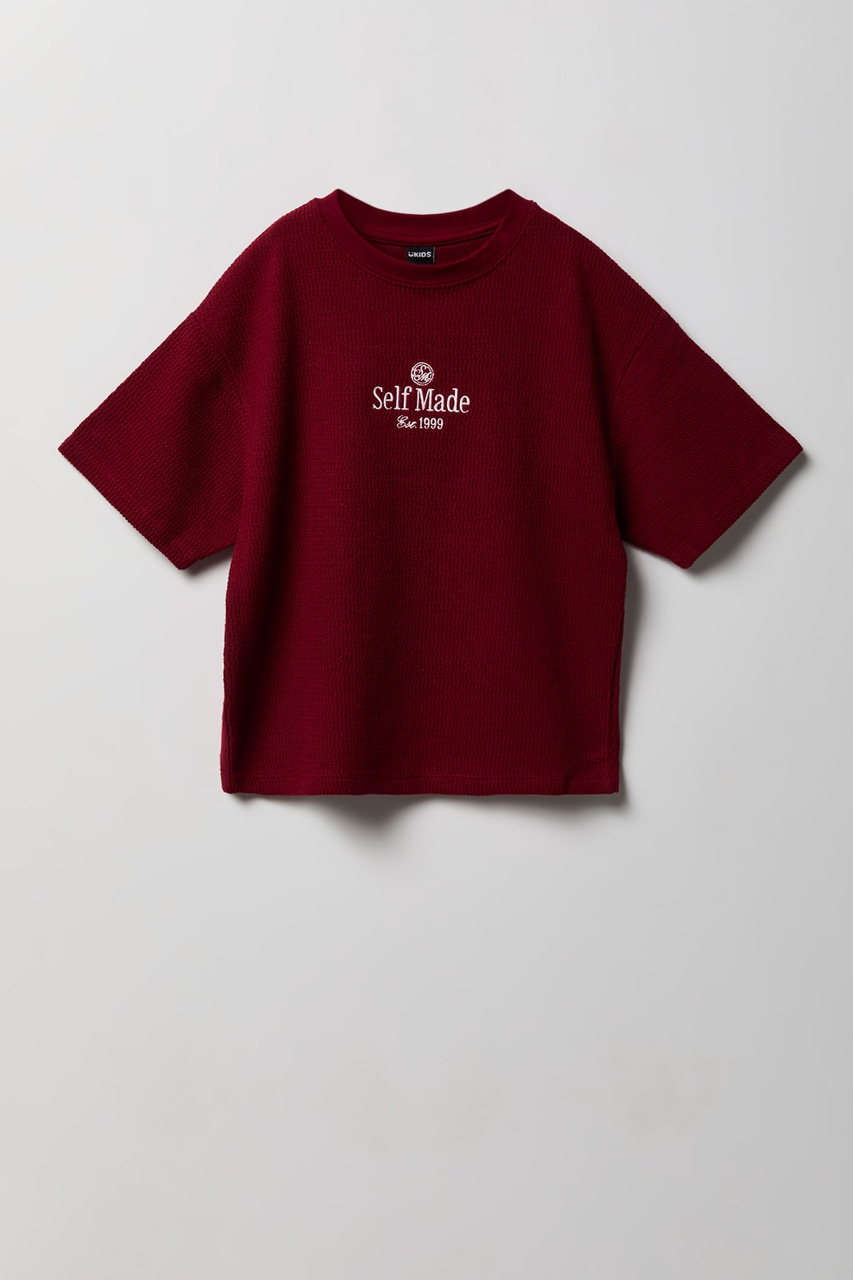 Boys Textured Embroidered Boxy T-Shirt - Burgundy