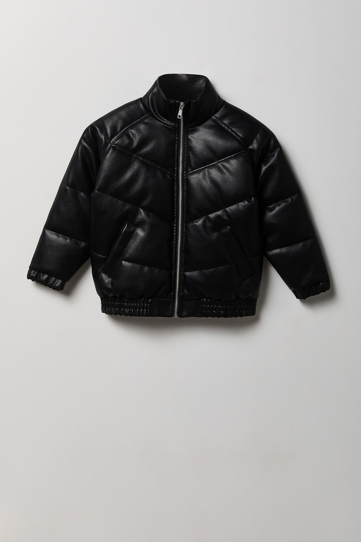Boys Faux Leather Zip-Up Puffer Jacket - Black