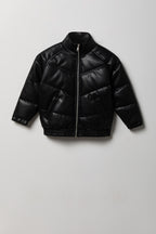 Boys Faux Leather Zip-Up Puffer Jacket