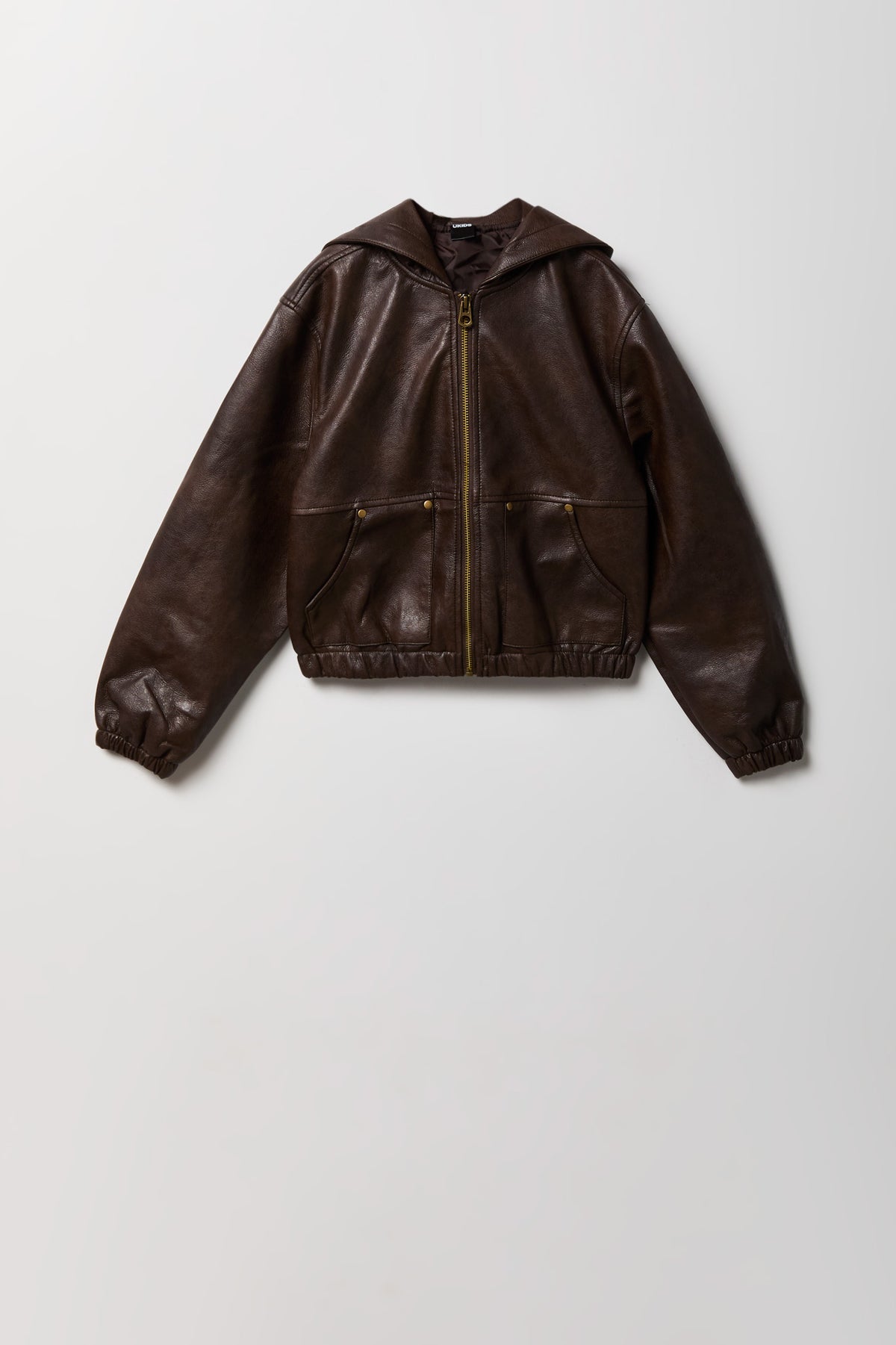 Boys Faux Leather Hooded Bomber Jacket - Dark Brown