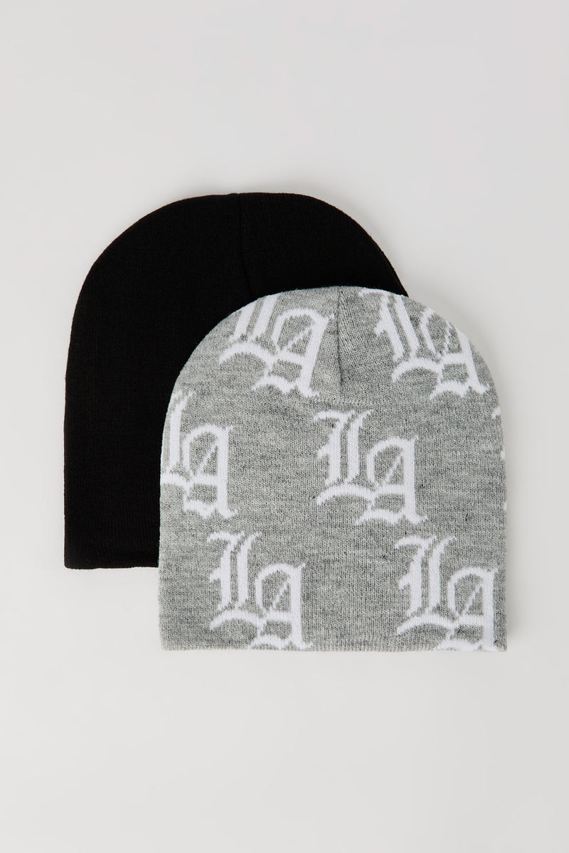Boys Jacquard Knit & Solid Beanie (2 Pack)