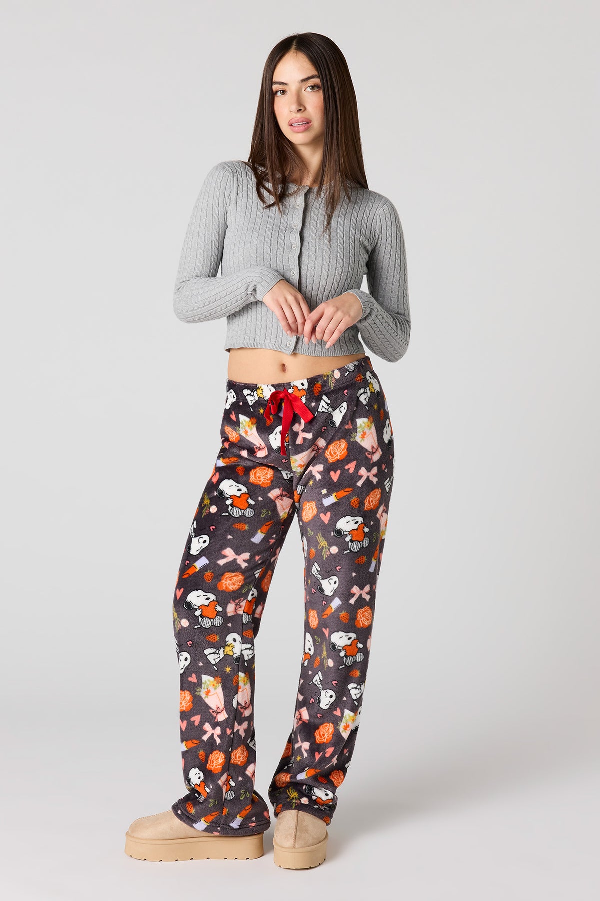 Cartoon Print Plush Pajama Pant - Dark Grey