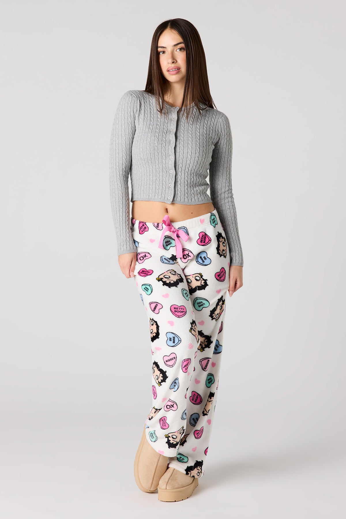 Cartoon Print Plush Pajama Pant - White