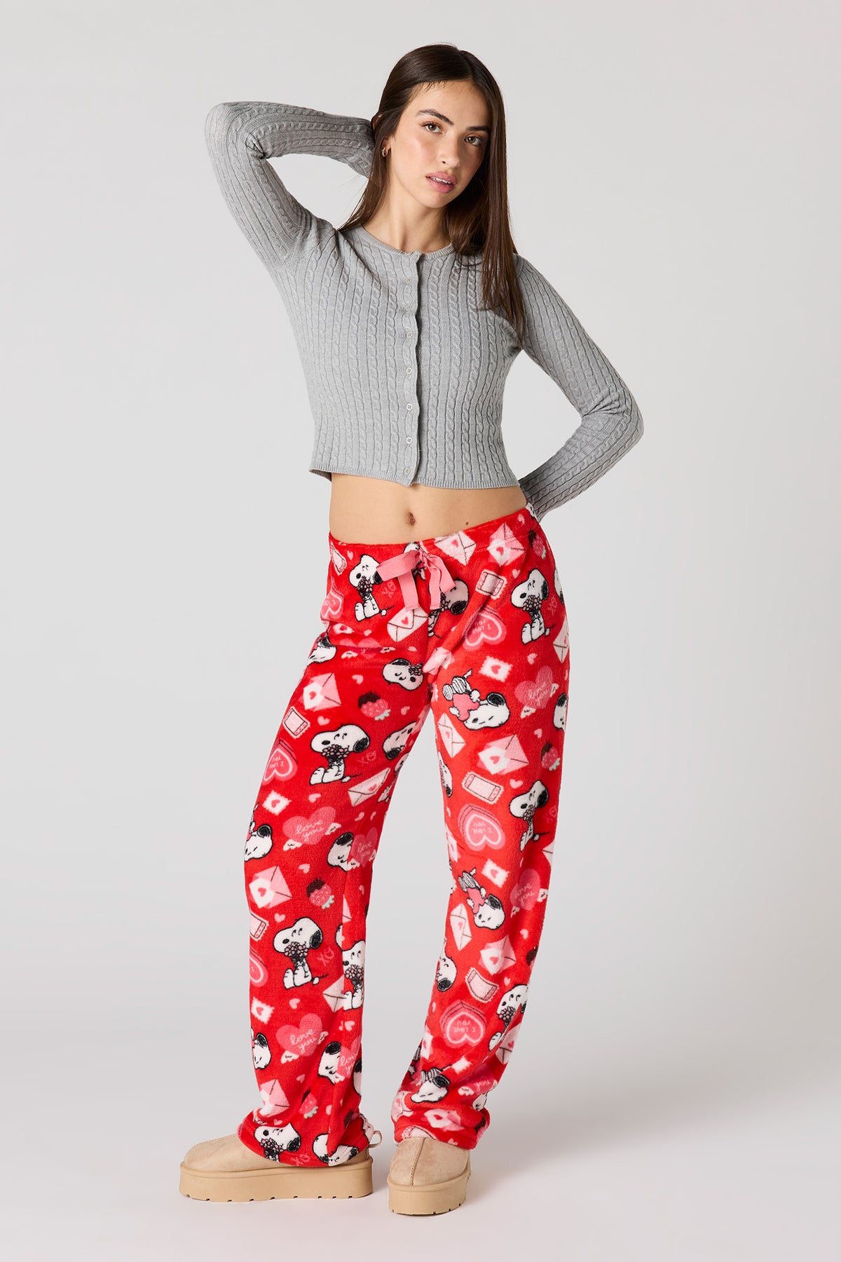 Cartoon Print Plush Pajama Pant - Red