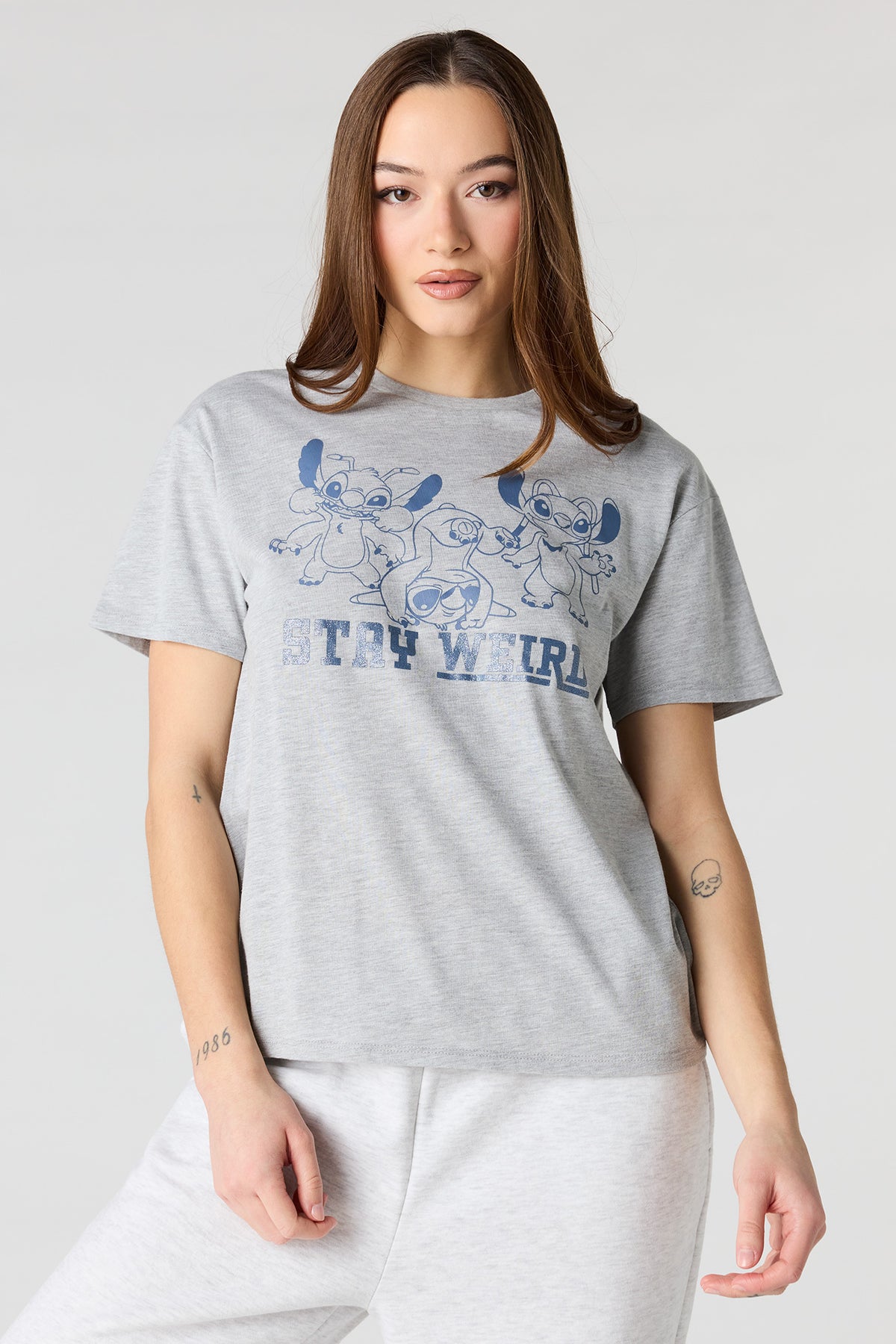 Stitch Graphic Glitter Boyfriend T-Shirt - Heather Grey