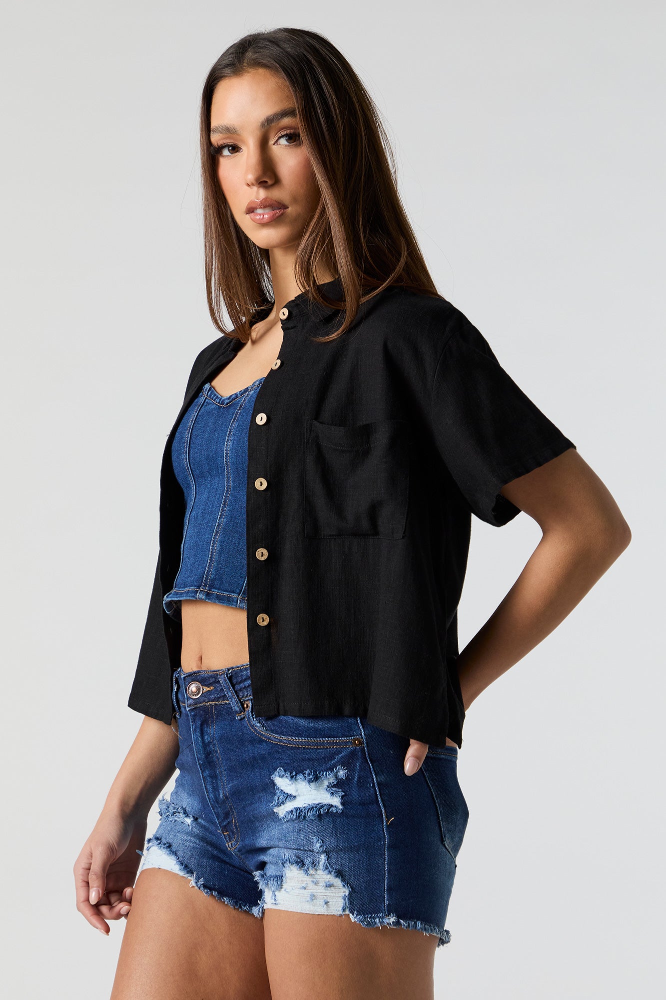 Linen Cropped Button-Up Top