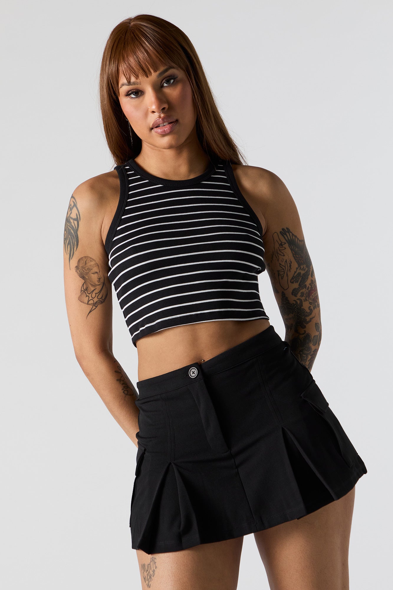 Striped Ribbed High Neck Cropped Tank
