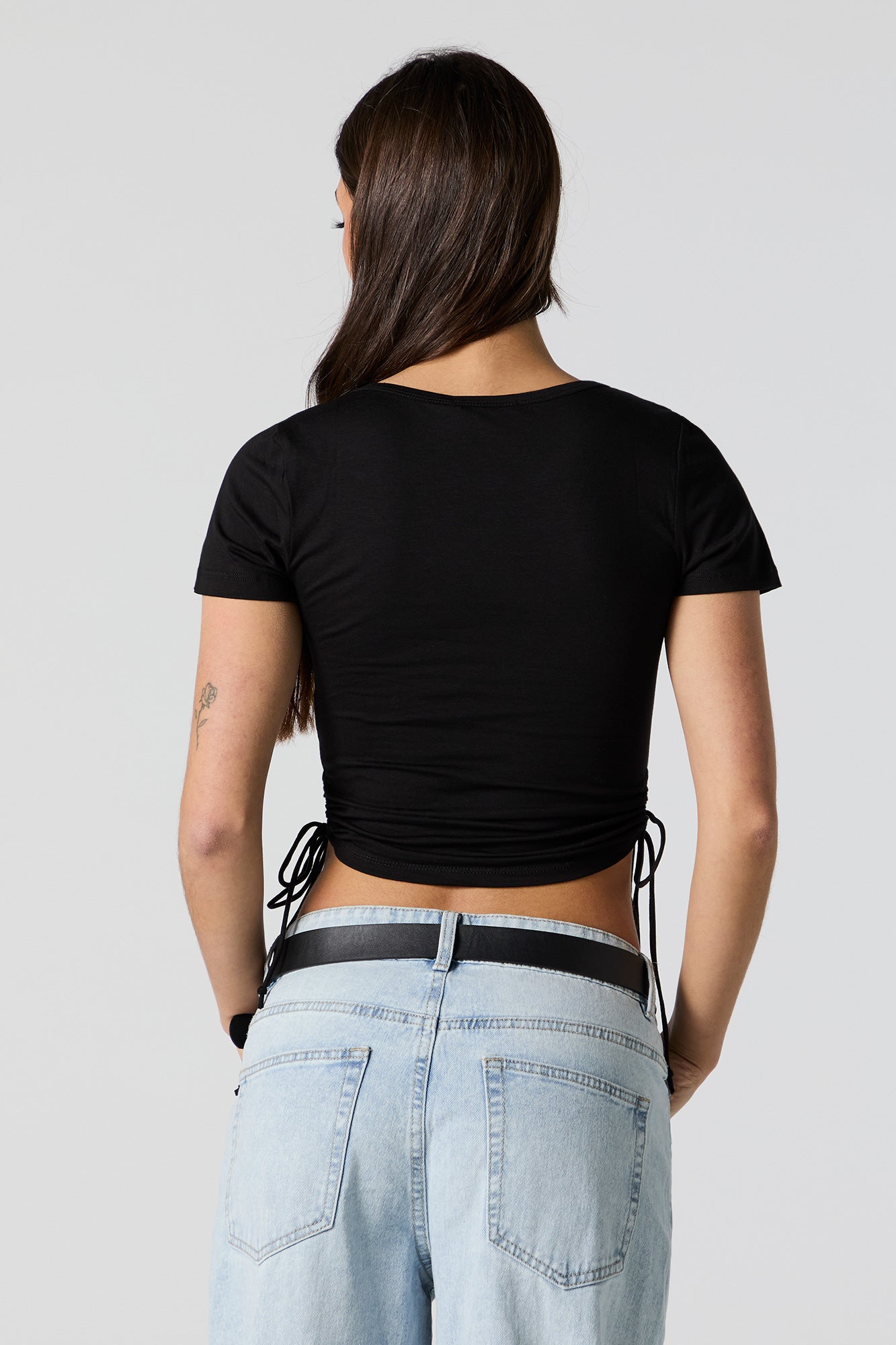 Cut Out Drawstring Cropped T-Shirt