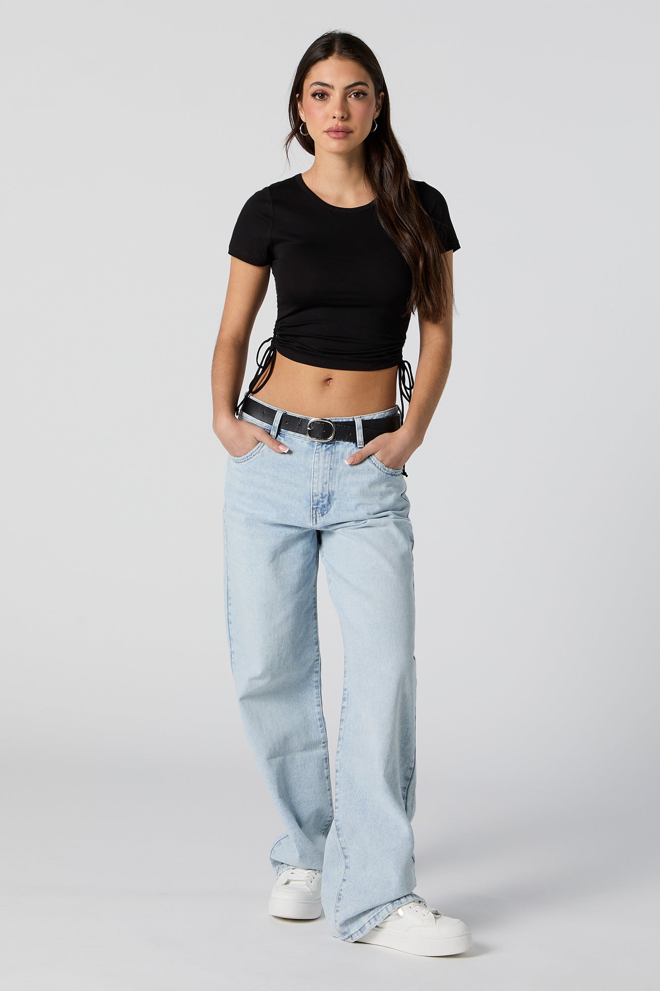 Cut Out Drawstring Cropped T-Shirt