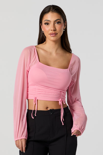 Pink Mesh Top - Drawstring Ruched Top - Long Sleeve Crop Top - Lulus