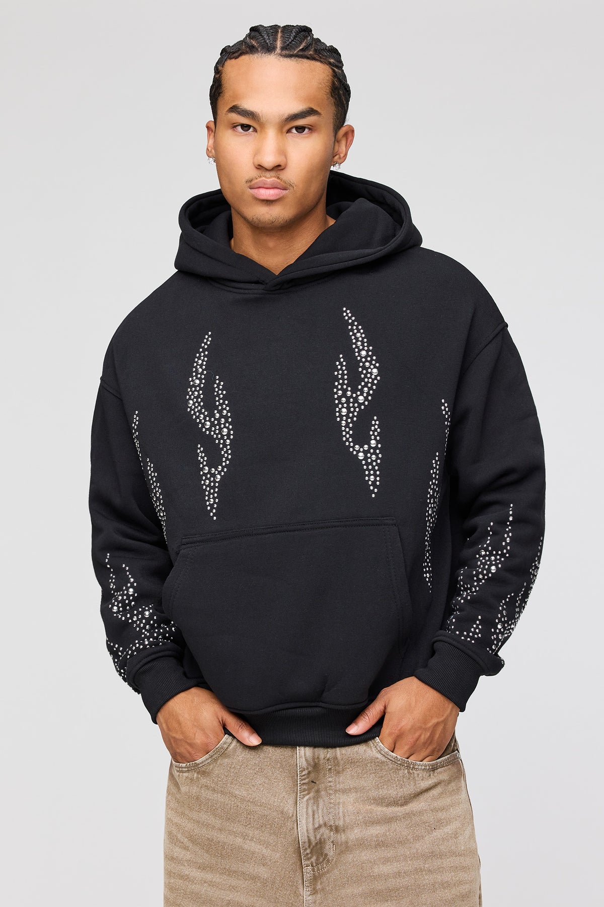 Rhinestone Fleece Hoodie - Black