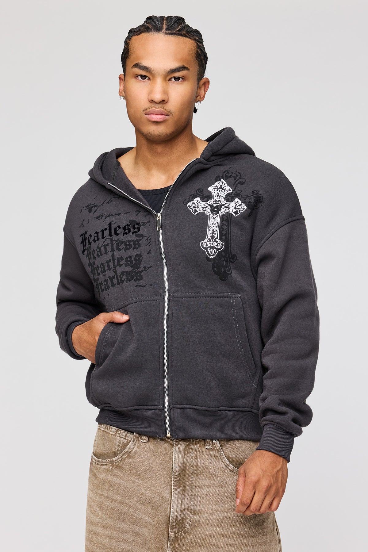 Rhinestone Zip Fleece Hoodie - Charcoal