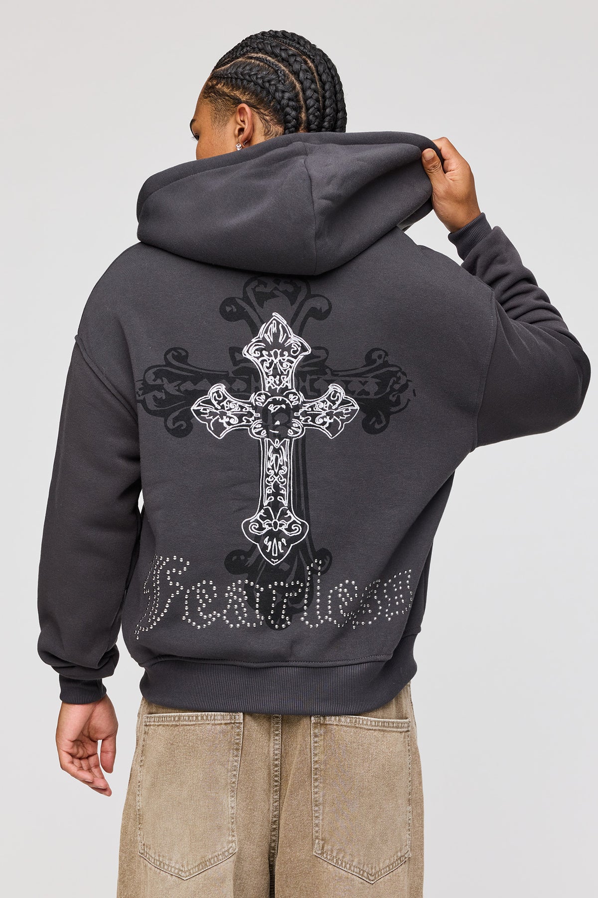 Alt View 2. Rhinestone Zip Fleece Hoodie - Charcoal