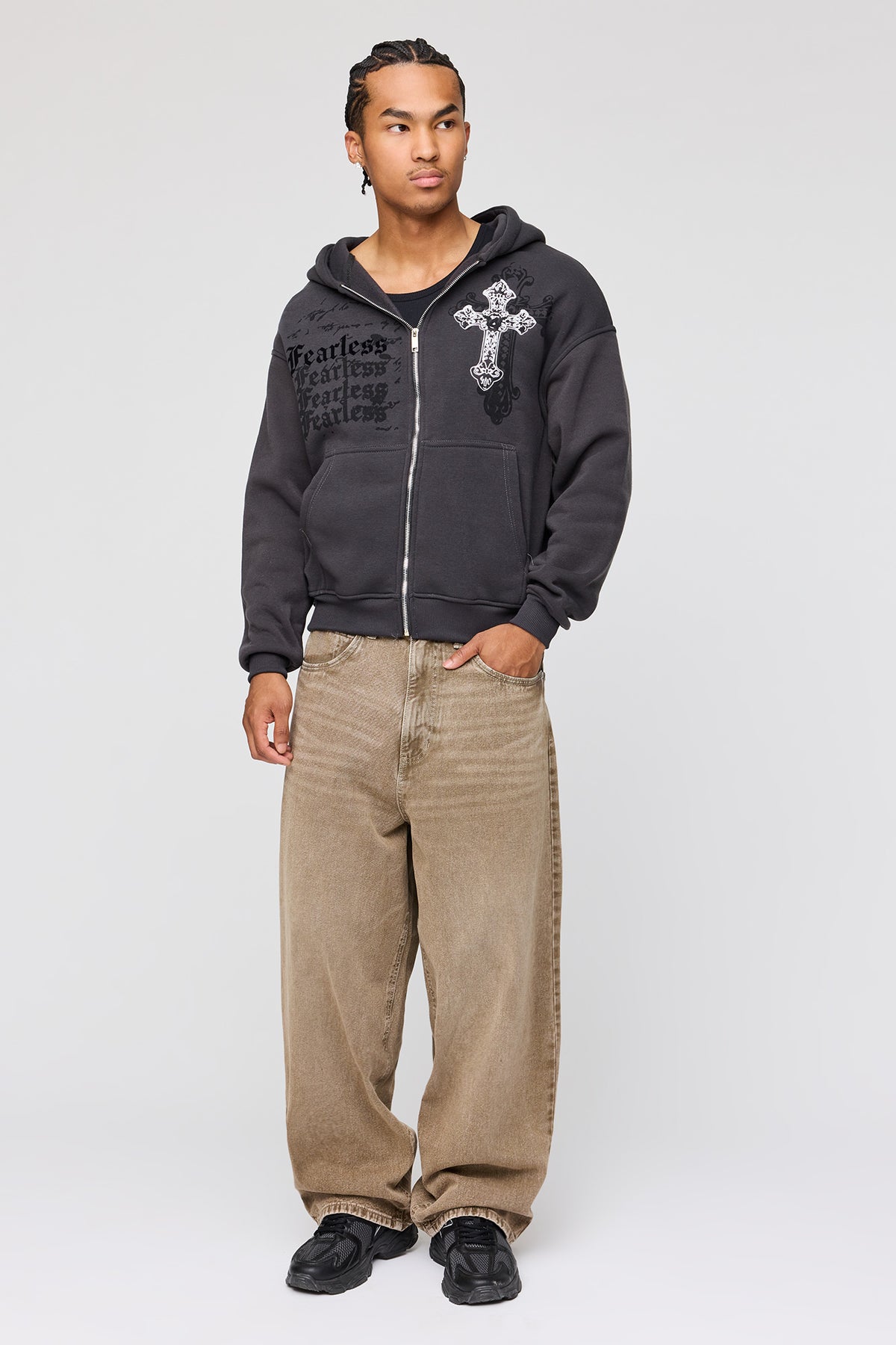 Alt View 3. Rhinestone Zip Fleece Hoodie - Charcoal