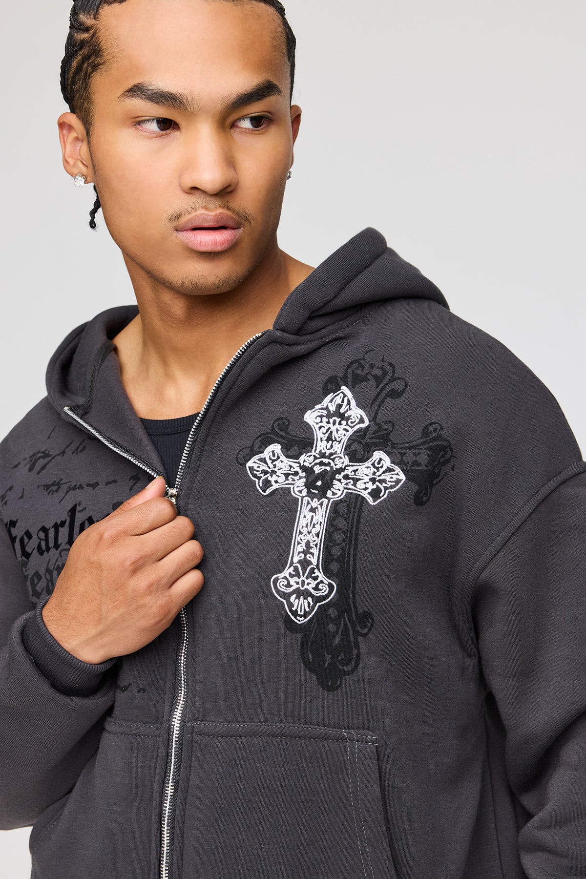 Alt View 4. Rhinestone Zip Fleece Hoodie - Charcoal