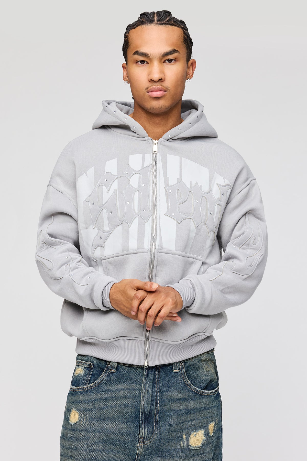 Rhinestone Graphic Zip Fleece Hoodie - Light Grey