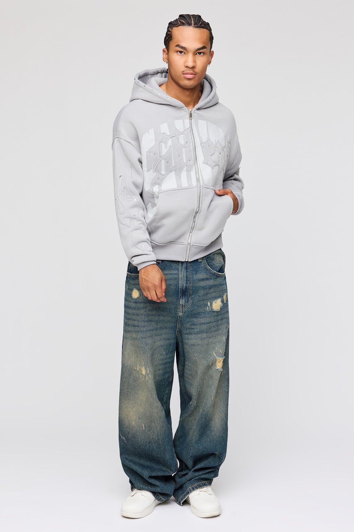Alt View 3. Rhinestone Graphic Zip Fleece Hoodie - Light Grey