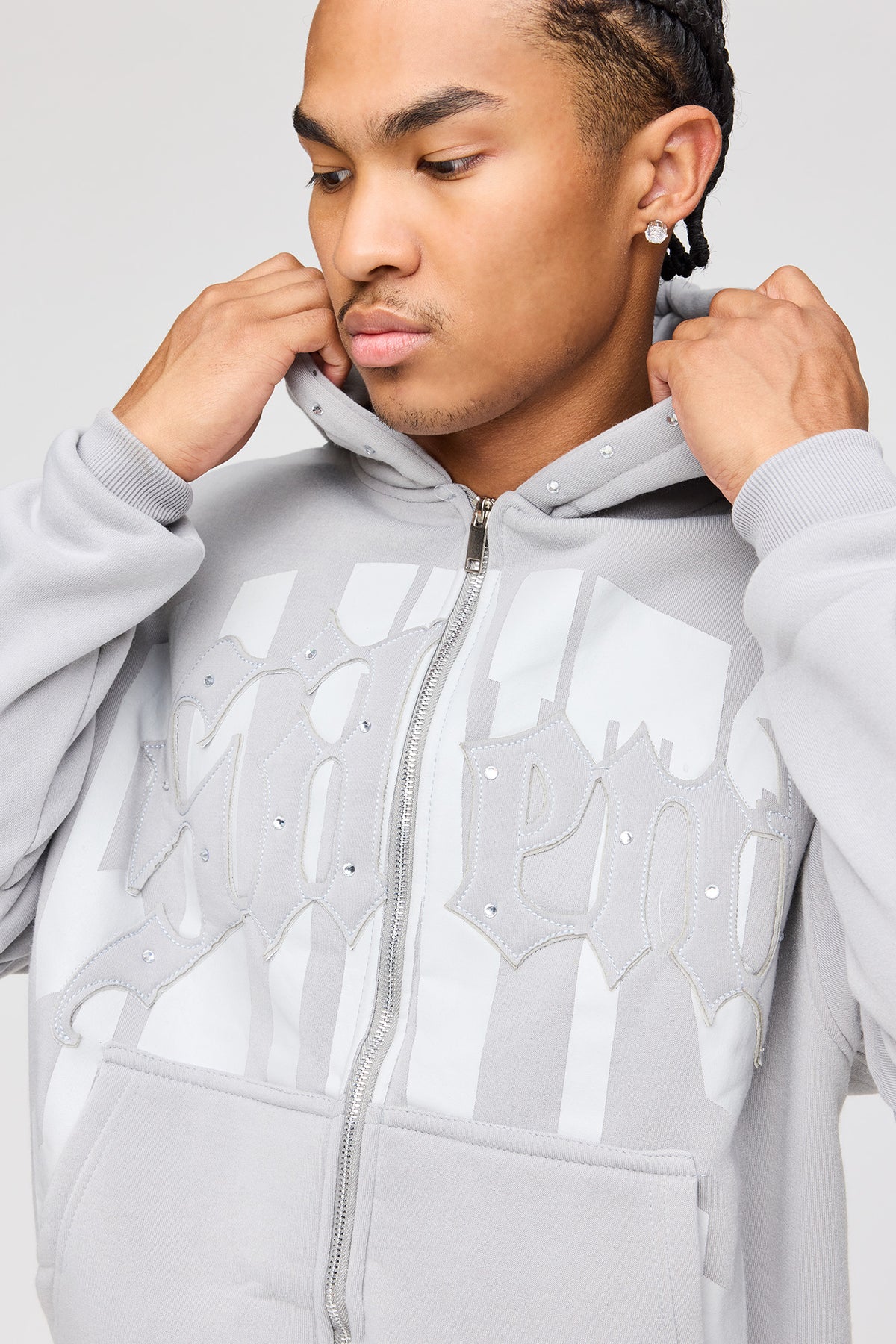 Alt View 4. Rhinestone Graphic Zip Fleece Hoodie - Light Grey