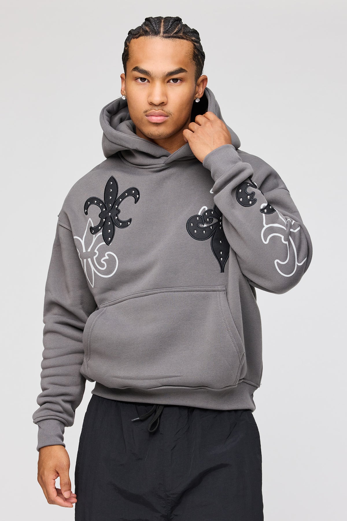 Rhinestone Fleece Hoodie - Dark Grey