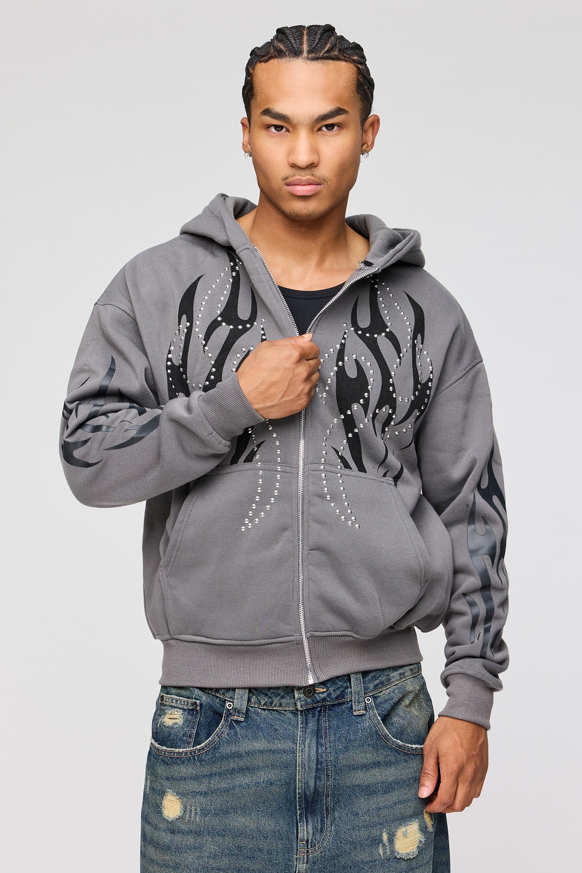 Rhinestone Zip Fleece Hoodie - Dark Grey