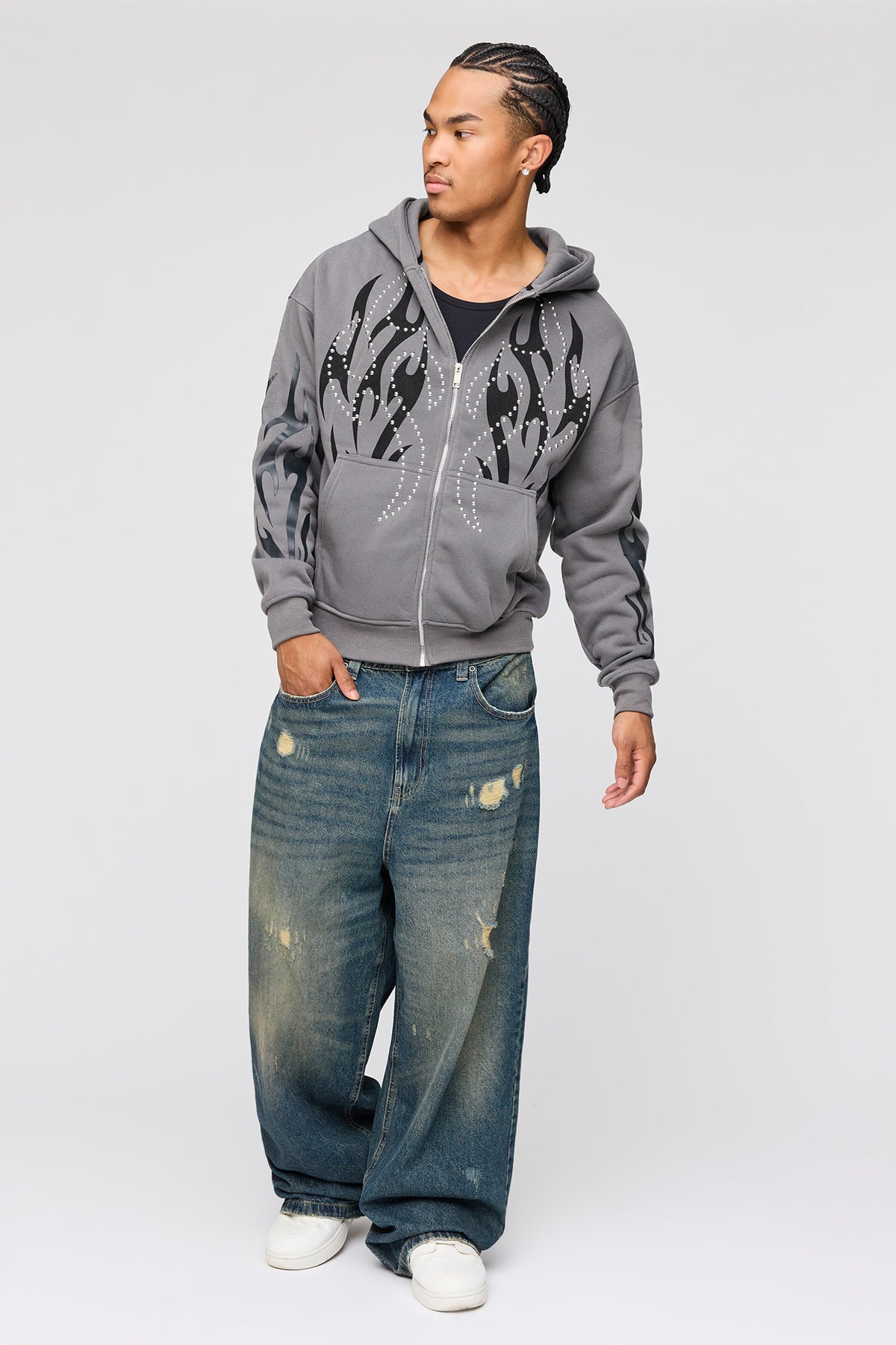 Alt View 3. Rhinestone Zip Fleece Hoodie - Dark Grey