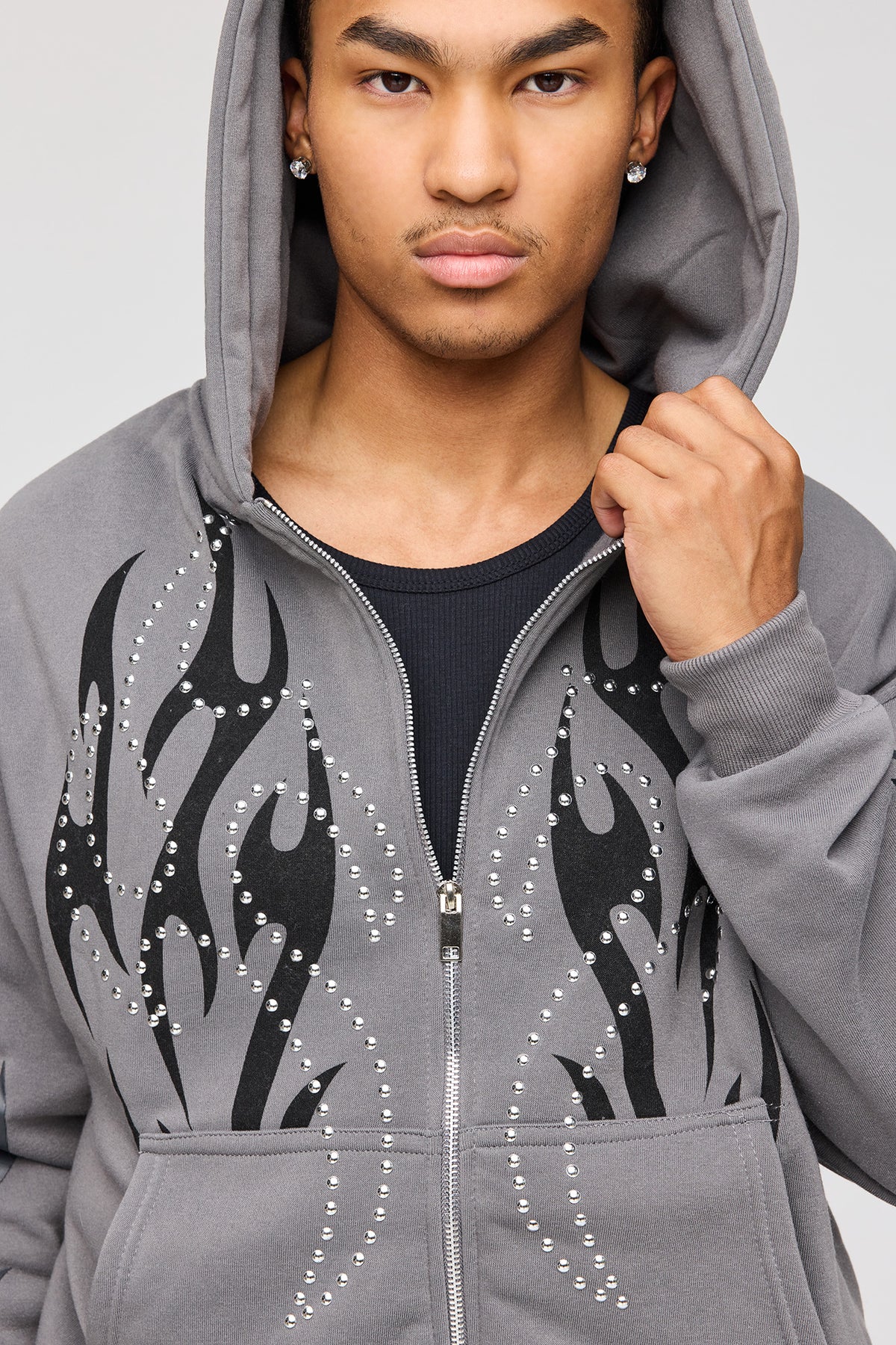 Alt View 4. Rhinestone Zip Fleece Hoodie - Dark Grey
