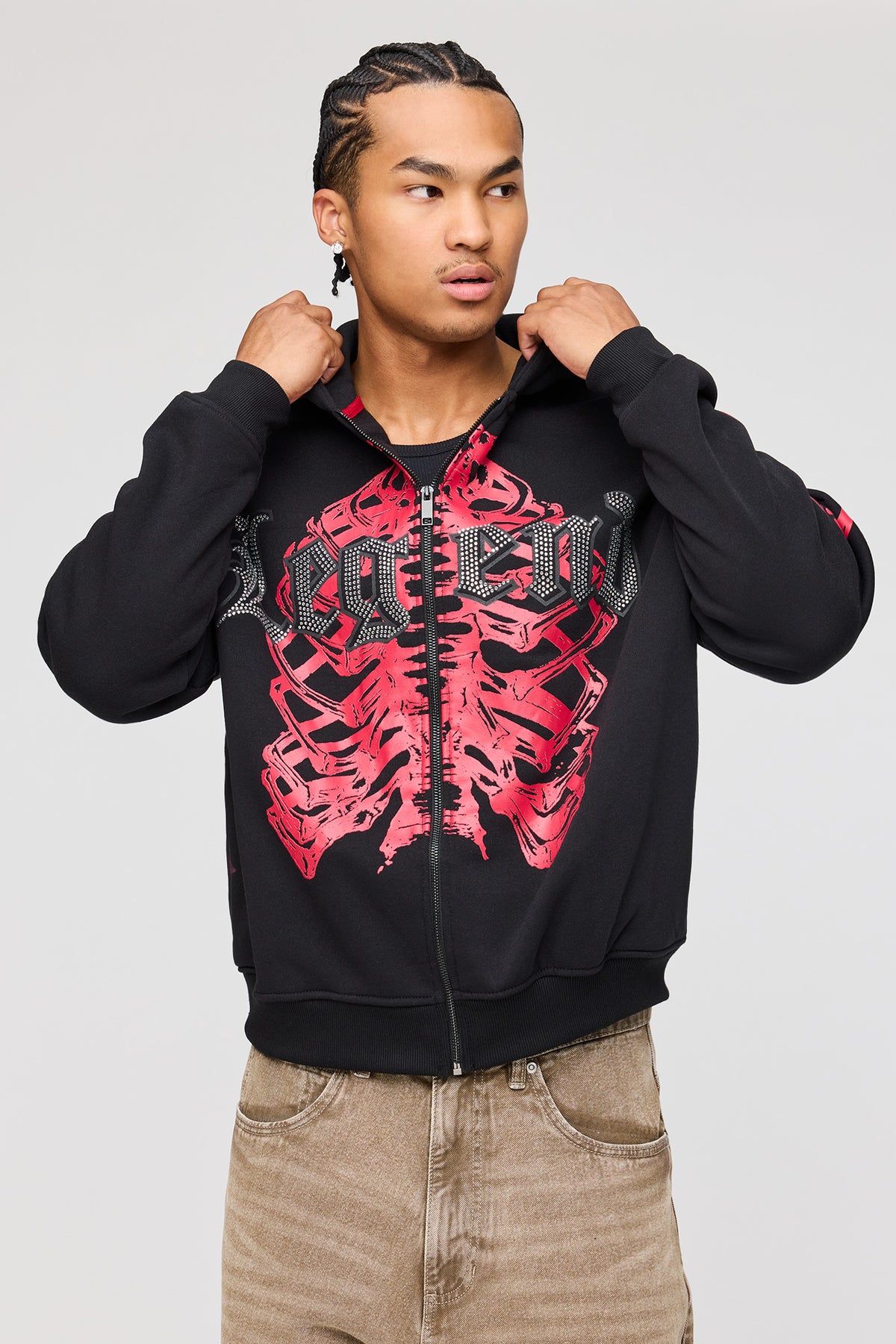 Legend Rhinestone Zip Fleece Hoodie - Black