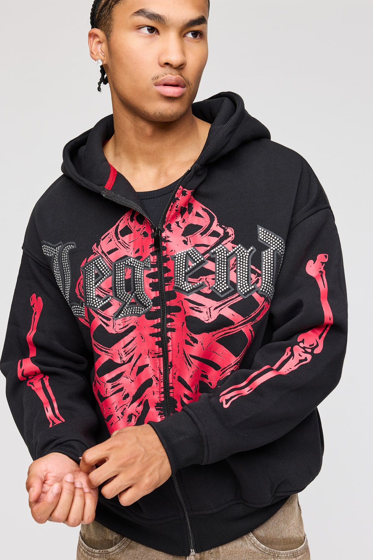 Alt View 4. Legend Rhinestone Zip Fleece Hoodie - Black