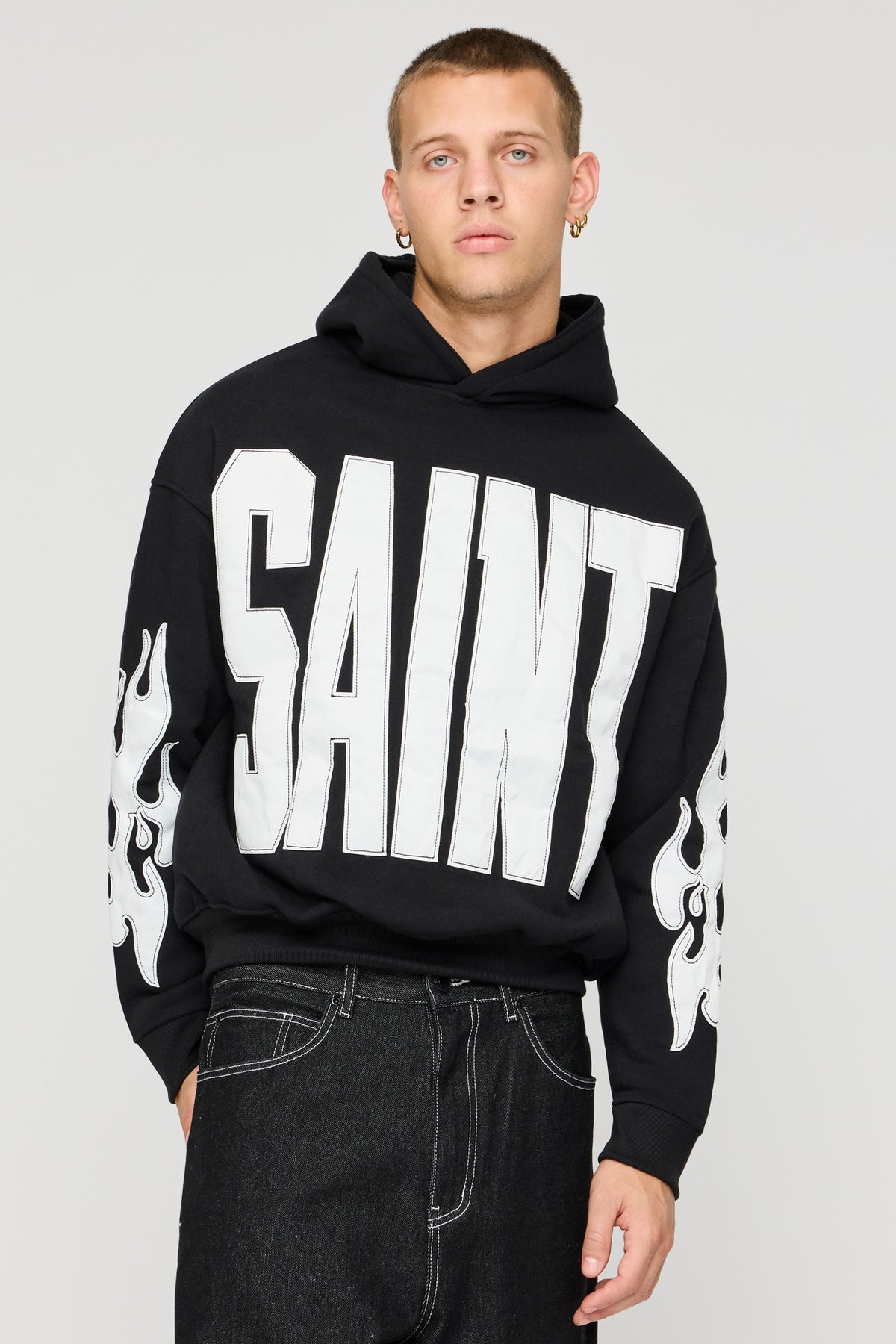 Patched Fleece Hoodie - Black